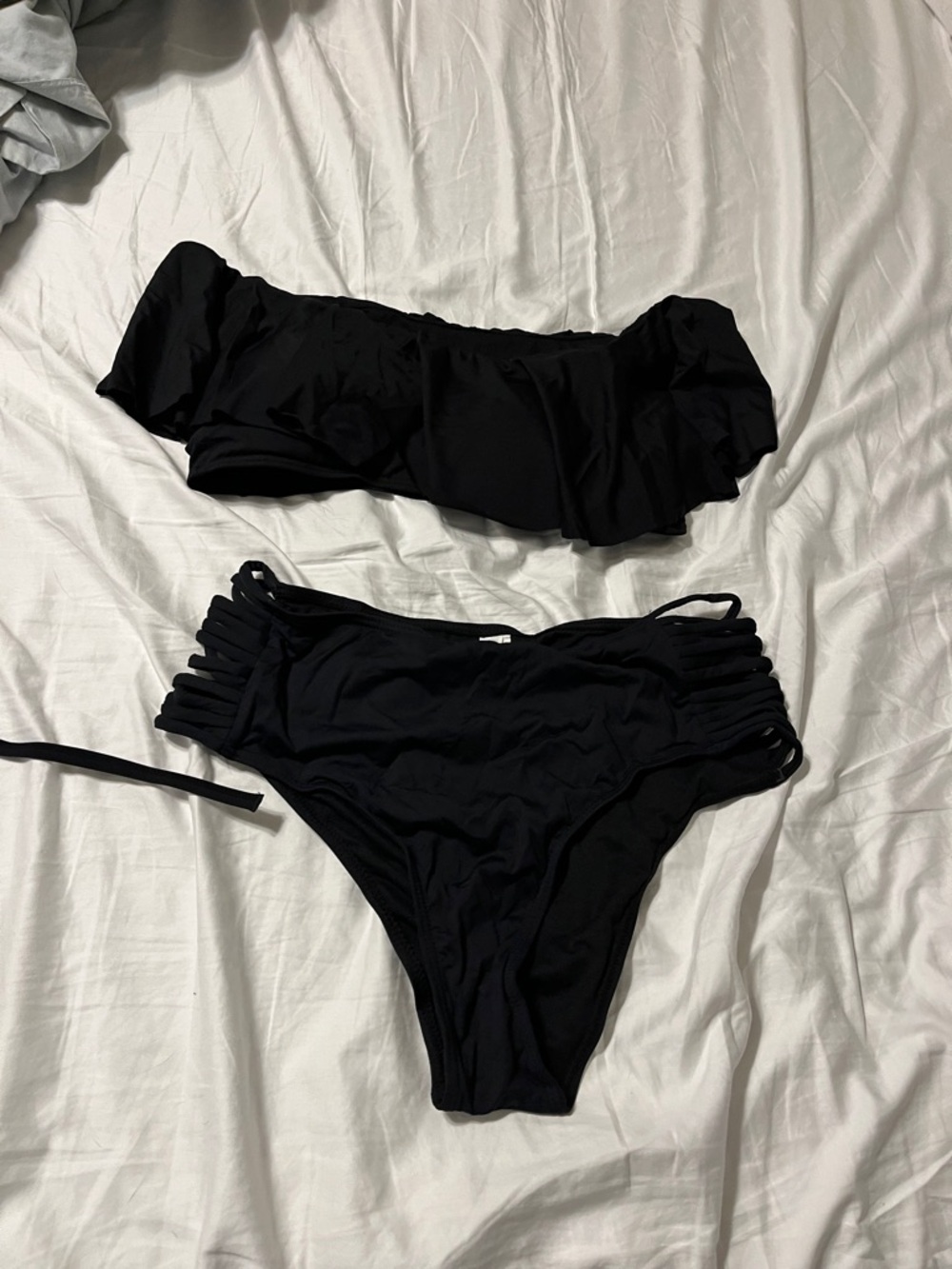 Black Ruffled Bandeau Bikini Set - Women